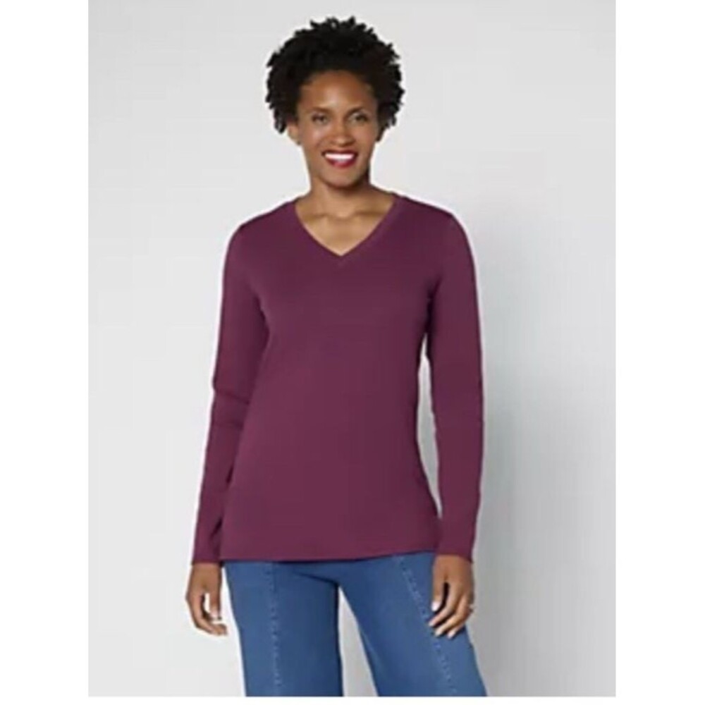 Belle by Kim Gravel TripleLuxe Long Sleeve V-Neck Top Roasted Fig XS New